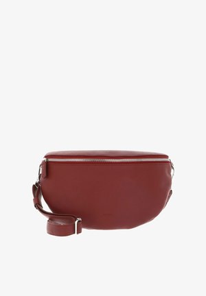 Sac bandoulière en cuir rouge avec une texture lisse, doté d'une fermeture zippée sur le dessus et d'une bandoulière ajustable. Design minimaliste sans ornements.