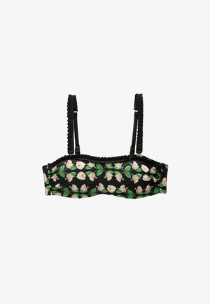 Zwarte bralette met bloemmotief, versierd met crèmekleurige en groene rozen. Rimpelbandjes voor extra detail en een zachte stofstructuur.