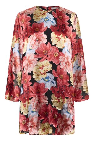 Črna obleka z dolgimi rokavi z velikimi cvetličnimi vzorci v rdeči, rumeni, rožnati in modri barvi ter z okroglim izrezom na vratu.