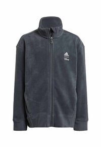 Giacca a zip in pile grigio scuro con colletto alto, con i loghi di Adidas e Disney. Tasche laterali e polsini a coste. Texture morbida.