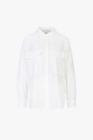 Witte linnenchemise met een kraag, een knoopsluiting aan de voorkant en twee opgestikte zakken. Heeft lange, losse mouwen en een ontspannen pasvorm.