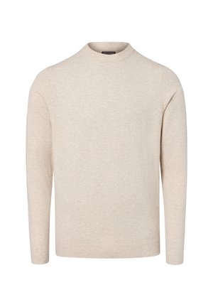 Pull beige à manches longues et col rond en tissu doux, présenté sur un fond blanc uni.