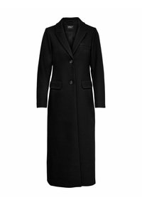 Black long coat with a tailored design, notch lapel, two front pockets, and button closures. Made of a smooth, textured fabric.