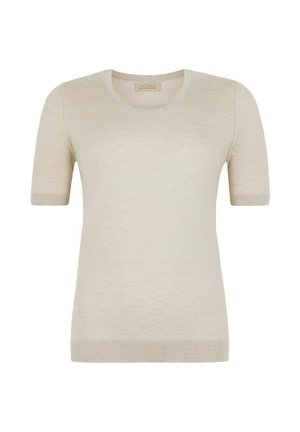 Beiges kurzärmeliges Strickoberteil mit Rundhalsausschnitt und gerippten Bündchen, leichter und figurbetonter Stil, Falconeri-Markenetikett sichtbar im Innenkragen.