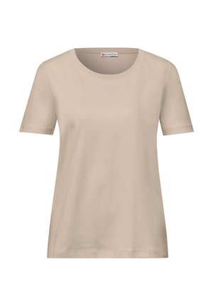 Beige T-shirt met korte mouwen, ronde hals, rechte zoom en een klein merklabel aan de binnenkant van de kraag.