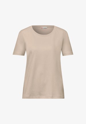 Beiges T-Shirt mit kurzen Ärmeln und Rundhalsausschnitt, gerade Saumlinie und einem kleinen Markenlabel auf der Innenseite des Kragens.