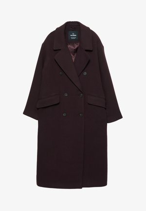 Temno vijoličen dvovrstni dolg plašč z širokimi ovratniki, črnimi gumbi, žepi s poklopci in gladko satenasto notranjo podlogo.