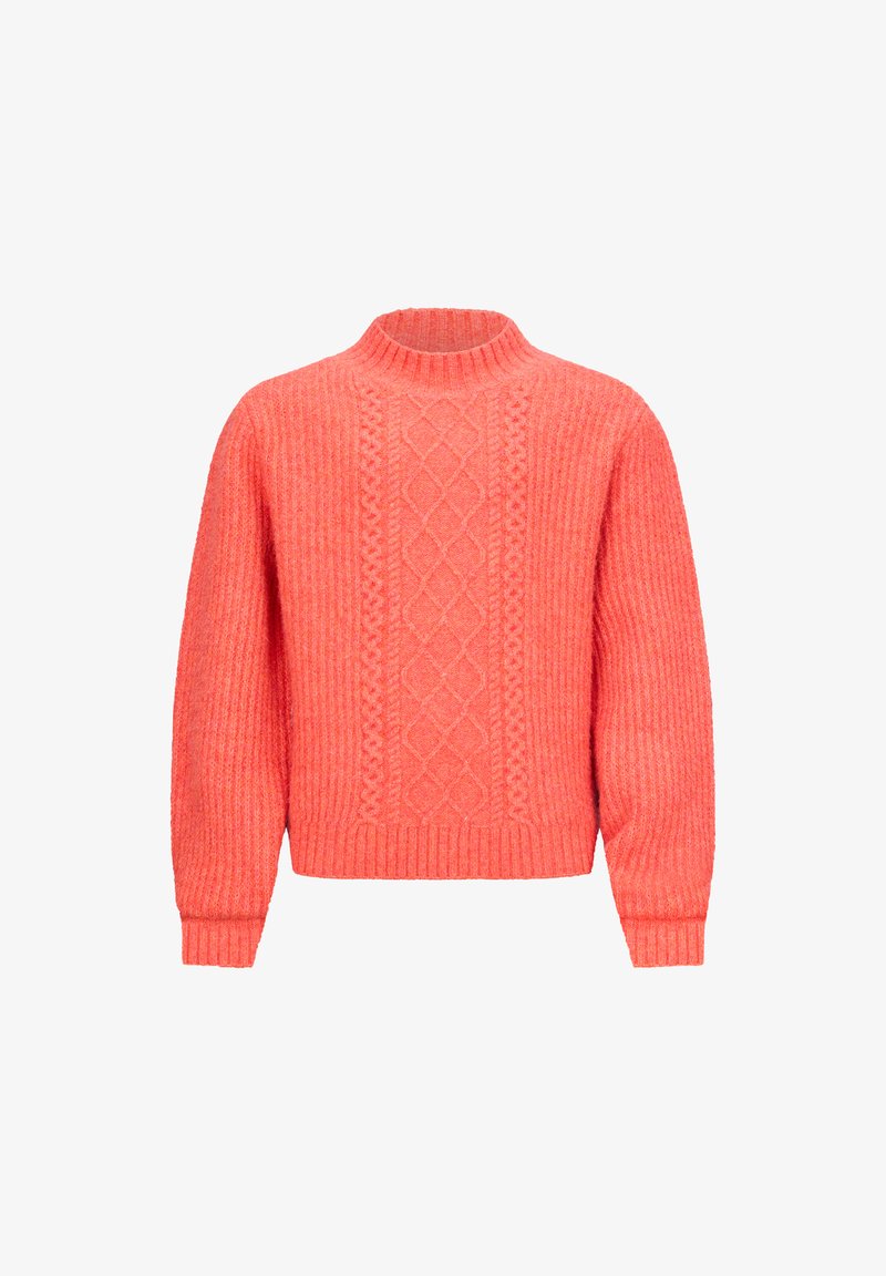 Korallenfarbener Strickpullover mit hohem Kragen, gerippter Textur und Rautenmuster entlang der Mitte. Verfügt über lange Ärmel und einen verkürzten Saum.