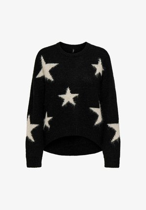 Zwarte trui met oversized silhouet, voorzien van fluffy beige sterpatronen, ronde hals en rechte zoom met een lichte verlenging aan de achterkant.