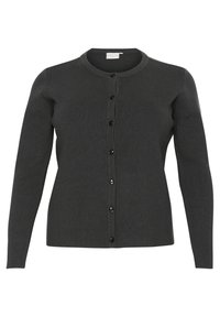 Grauer gerippter Cardigan mit rundem Ausschnitt, vorderem Knopfverschluss und langen Ärmeln. Hergestellt aus einem weichen Stoff mit strukturiertem Finish.