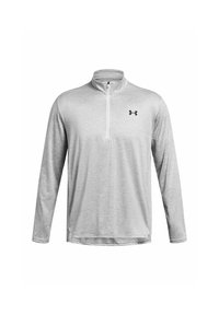 Grau langärmliger Pullover mit einem Viertel-Reißverschluss vorne, aus weichem, strukturiertem Material. Mit einem kleinen schwarzen Logo auf der linken Brust.