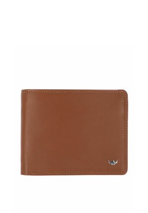 Portefeuille bi-volets en cuir marron avec des coutures visibles et un petit emblème argenté en bas à droite.