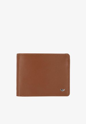 Brown leather bi-fold wallet with visible stitching and a small silver emblem on the bottom right corner.