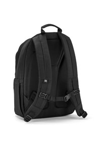 Zaino nero con schienale in rete imbottita e spallacci regolabili. Presenta tasche laterali e una robusta maniglia per il trasporto. Design semplice e funzionale.