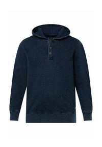 Mörkblå huvtröja med framknäppning, tre knappar, långa ärmar och ribbade muddar och fåll. Mjuk textur med en lätt melerad effekt.