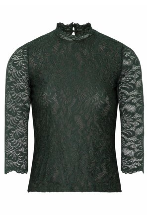 Dunkelgrünes Spitzenoberteil mit hohem Kragen und langen Ärmeln. Verfügt über florale Muster, gewellte Manschetten und eine Schlüssellochöffnung auf der Rückseite.
