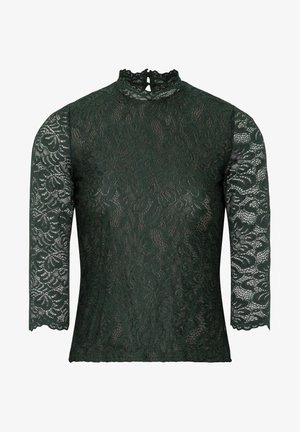 Dunkelgrünes Spitzenoberteil mit hohem Kragen und langen Ärmeln. Verfügt über florale Muster, gewellte Manschetten und eine Schlüssellochöffnung auf der Rückseite.