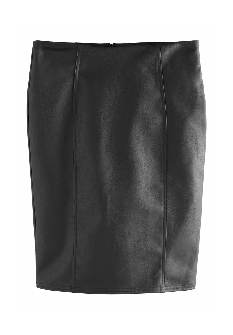 Jupe crayon en simili cuir noir avec une texture lisse, présentant des détails de coutures verticales et une fermeture éclair dissimulée à l'arrière.