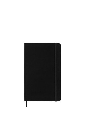 Quaderno con copertina rigida nera chiuso con elastico sul lato destro e segnalibro con nastro nero attaccato in basso.