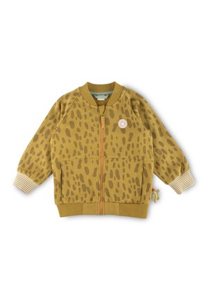 Yellow-green jacket with a leopard print pattern, zip closure, ribbed cuffs, and a small logo patch on the chest. Accented with an orange zipper.