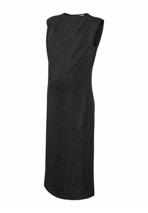 Črna brezrokavna obleka z diskretno svetlikajočo teksturo, ki ima visok ovratnik, elegantno obliko in dolžino do sredine meč.