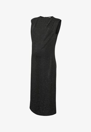 Črna brezrokavna obleka z diskretno svetlikajočo teksturo, ki ima visok ovratnik, elegantno obliko in dolžino do sredine meč.