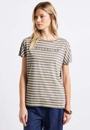 Koszulka w paski z miękkiej mieszanki bawełny, z poziomymi paskami w kolorze beżowym i off-white. Grafiką "BOUNDLESS" nadrukowaną na klatce piersiowej.