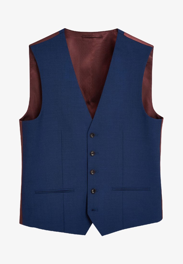Navy-blauer Weste mit glatter Textur, ausgestattet mit fünf schwarzen Knöpfen, zwei Fronttaschen und einem satinierten dunkelroten Futter.