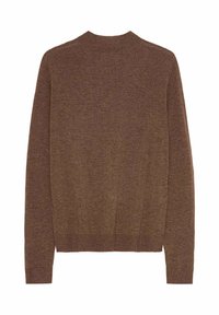Brauner Strickpullover mit Rundhalsausschnitt, langen Ärmeln und gerippten Bündchen sowie Saum. Glatte Textur, schlichtes Design und keine Muster.