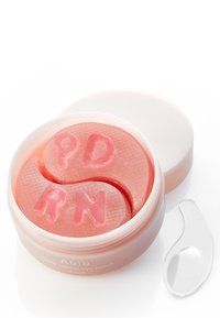 Patchs oculaires en gel dans un récipient rond et transparent ; couleur rose avec une surface texturée, présentant les lettres embossées "PDRN" et "RN". Comprend une spatule en plastique.