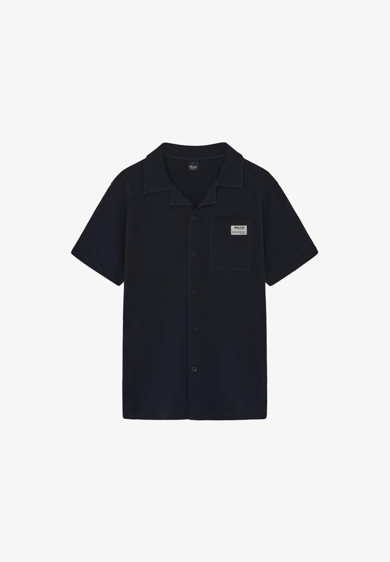 Korte mouwen overhemd met kraag in donker marineblauw, voorzien van een borstzak met label, knoopsluiting en een gladde stoftextuur.