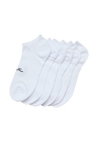 Šešios baltų kulkšnių kojinių poros, pagamintos iš minkštos medvilnės. Kiekviena kojinė turi juodą prekės ženklo logotipą šone. Lygus paviršius ir be siūlių dizainas.
