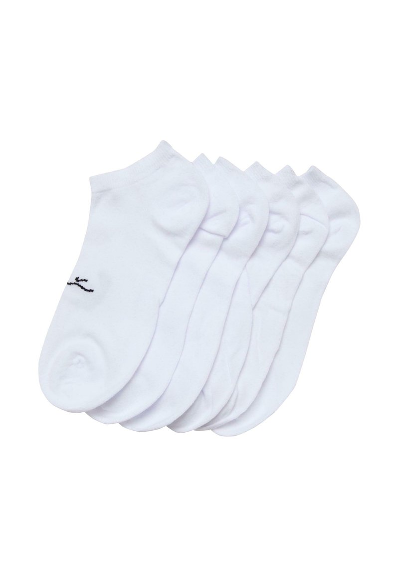 Šešios baltų kulkšnių kojinių poros, pagamintos iš minkštos medvilnės. Kiekviena kojinė turi juodą prekės ženklo logotipą šone. Lygus paviršius ir be siūlių dizainas.