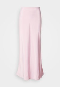 Gonna maxi in satin rosa con una texture liscia, vita aderente e un leggero svaso all'orlo, dotata di un piccolo dettaglio con bottoncino decorativo.