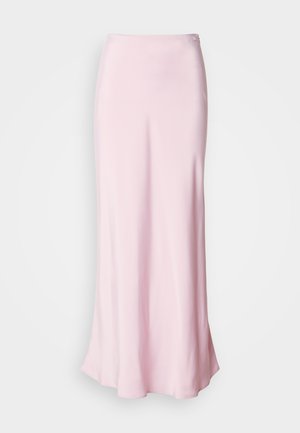 Gonna maxi in satin rosa con una texture liscia, vita aderente e un leggero svaso all'orlo, dotata di un piccolo dettaglio con bottoncino decorativo.