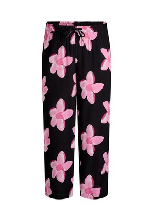 Sorte pyjamasbukser med et blomstermønster af store pink blomster, med elastisk talje og en snøre til justerbar pasform.