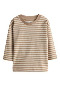 Beige and cream striped long-sleeve shirt with a round neckline, made from soft fabric; features stitched hem and slightly puffed sleeves.