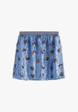 Blauer Paillettenrock mit braunen kreisförmigen Mustern und einem breiten, strukturierten Bund.