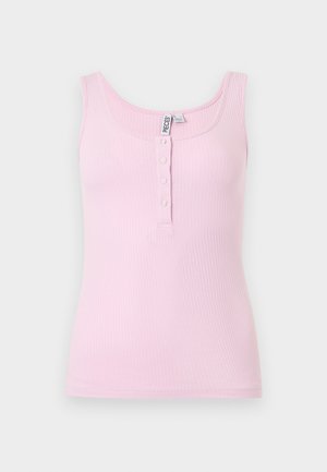 Débardeur sans manches rose clair en tissu côtelé avec encolure dégagée et quatre petits boutons centrés sur le devant.