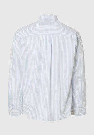 Light blue and white striped shirt, long sleeves, button-down collar, narrow stripes, soft cotton fabric, and button cuffs.
