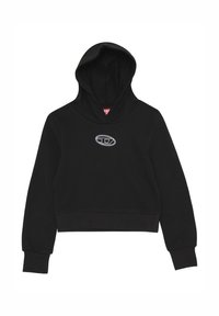 Felpa nera corta con maniche lunghe e un piccolo logo ovale bianco centrato sul petto.