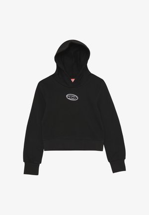 Felpa nera corta con maniche lunghe e un piccolo logo ovale bianco centrato sul petto.