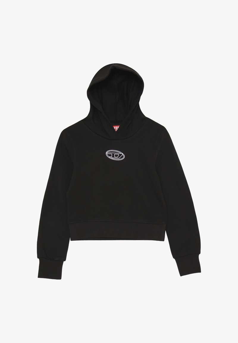 Felpa nera corta con maniche lunghe e un piccolo logo ovale bianco centrato sul petto.