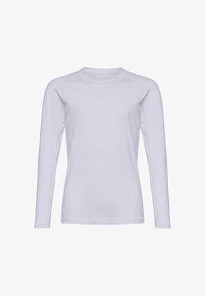 Langärmliges, helllila Sportoberteil aus glattem, feuchtigkeitsableitendem Material, mit einem dezenten Logo in der Mitte vorne.