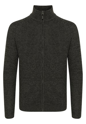 Stickad zip-up tröja i mörkgrå med hög krage, texturerad tyg, långa ärmar och dragkedja fram för stängning.
