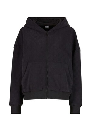 Hoodie noir zippé avec un motif texturé, deux poches frontales et des bords côtes au niveau des poignets et de l'ourlet. Comprend une capuche avec cordon de serrage et une coupe ample.