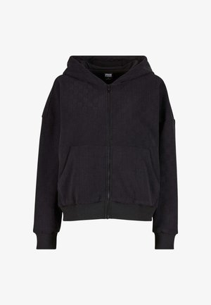 Melnas zip-up kapuces džemperis ar teksturētu rakstu, divām priekšējām kabatām un ribu aprocēm un apakšmalai. Iespēja regulēt kapuci ar auklām un brīvs piegriezums.