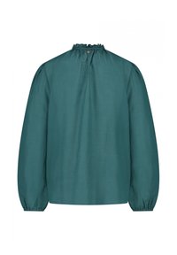Teal blouse met een hoge gerimpelde halslijn, lange ballonmouwen en elastische manchetten. Gladde textuur met een losse pasvorm en subtiele glans.