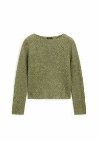 Olive green knitted sweater with long sleeves, wide neckline, and a relaxed fit. Textured finish and a cropped length. Lightweight fabric.