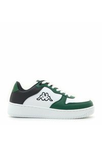 Sneaker verde e bianco con accenti neri, tomaia sintetica liscia, punta rotonda, suola testurizzata e dettaglio del logo sul lato.